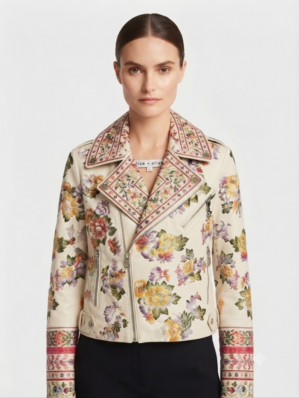 Alice + Olivia Lamb Leather Rare Embroidered Moto Jacket Size M MSRP $1595 - Picture 1 of 16